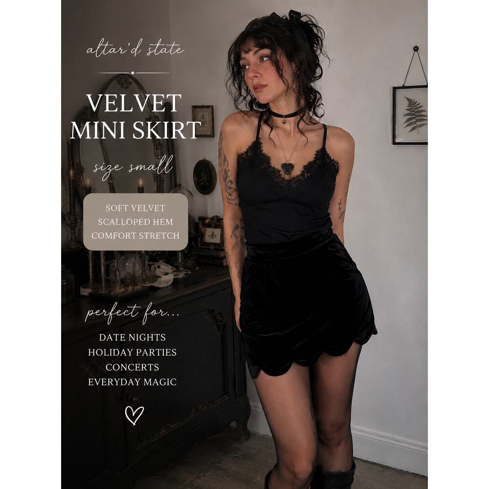 Altar'd State Velvet Mini Skirt Size Small Black Scallop Hem Coquette Whimsigoth